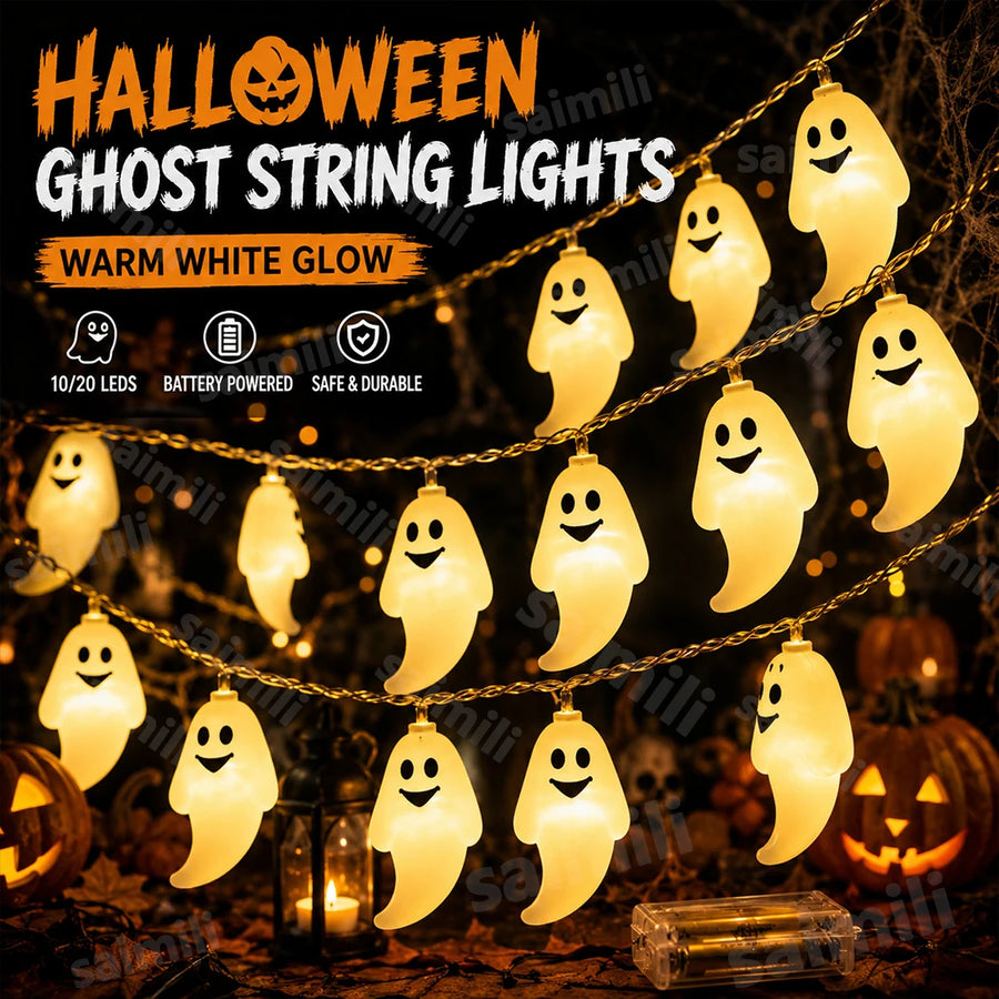 Halloween Ghost Shape LED Fairy Lights Battery Operated Spooky Glow String Horror Decor Prop For Home Holidays Party Decor Lamp
