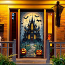Scary Halloween Door Decoration - Polyester material, full moon and ghost castle design, perfect for party decoration