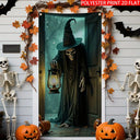 One Halloween door decoration, glowing skull lantern, eerie Halloween decoration