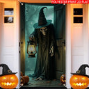 One Halloween door decoration, glowing skull lantern, eerie Halloween decoration