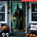 One Halloween door decoration, glowing skull lantern, eerie Halloween decoration