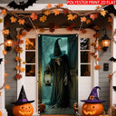 One Halloween door decoration, glowing skull lantern, eerie Halloween decoration