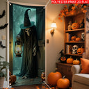 One Halloween door decoration, glowing skull lantern, eerie Halloween decoration